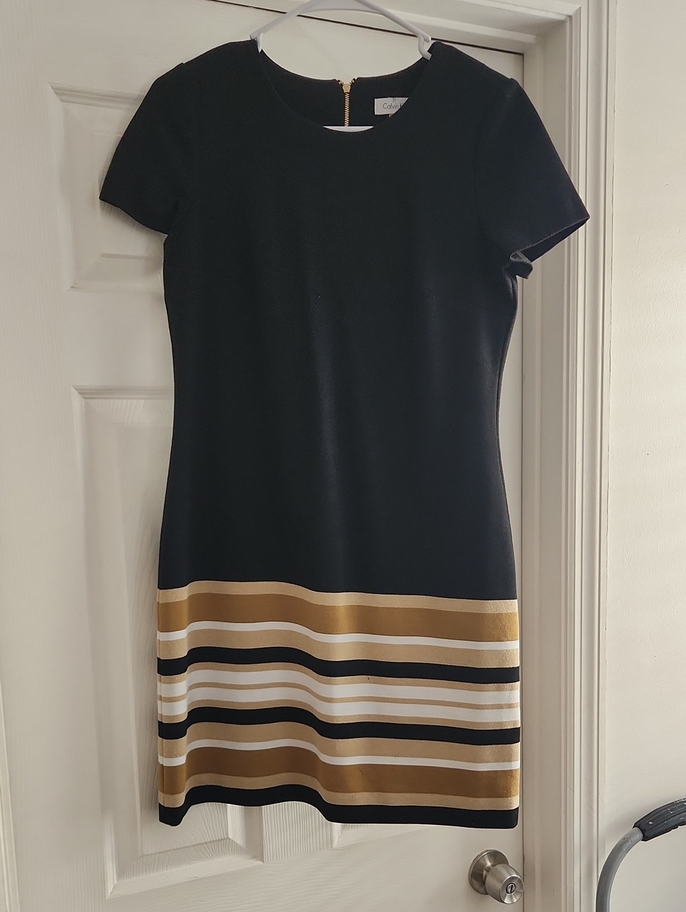 Calvin Klein Black Shift Dress with Gold and Cream Stripes